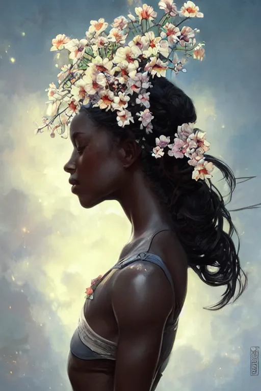 Image similar to ultra realistic illustration, black girl with flowers blossoming from helmet, elegant, highly detailed, digital painting, concept art, smooth, sharp focus, illustration, art by artgerm and greg rutkowski and alphonse mucha