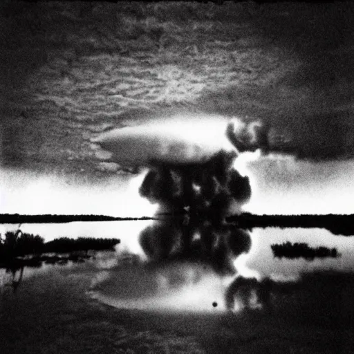 Prompt: dark selfie of a nuclear explosion in the louisiana swamps, pictorialism