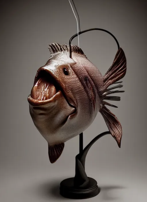 Prompt: stylised bust sculpture of an female Angler Fish, beautiful studio lighting