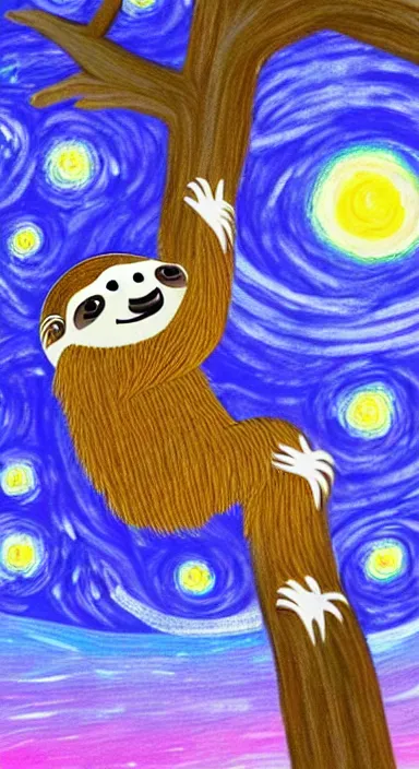 Prompt: a cute sloth hanging on a tree on a starry night, made of bright colored thick flowing dramatic brush strokes, matte colors, trending on artstation