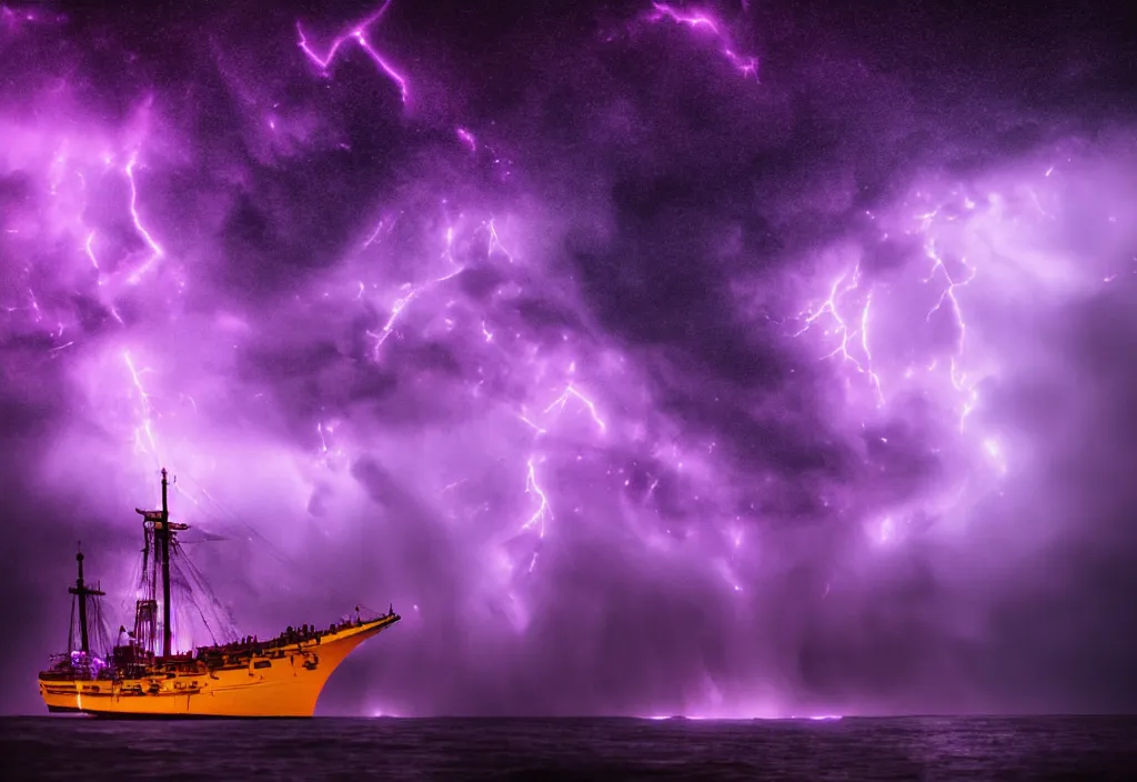 Image similar to purple color lighting storm with stormy sea, pirate ship firing its cannons real life trippy nebula sky 50mm shot