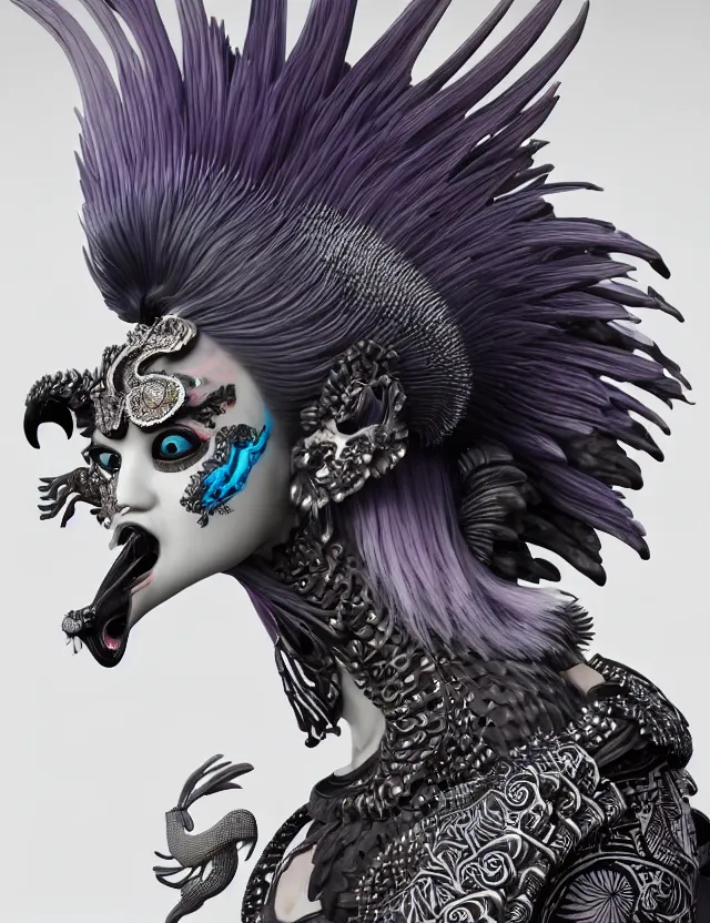 Image similar to 3 d goddess close - up profile portrait punk with mohawk with ram skull. beautiful intricately detailed japanese crow kitsune mask and clasical japanese kimono. betta fish, jellyfish phoenix, bio luminescent, plasma, ice, water, wind, creature, artwork by tooth wu and wlop and beeple and greg rutkowski