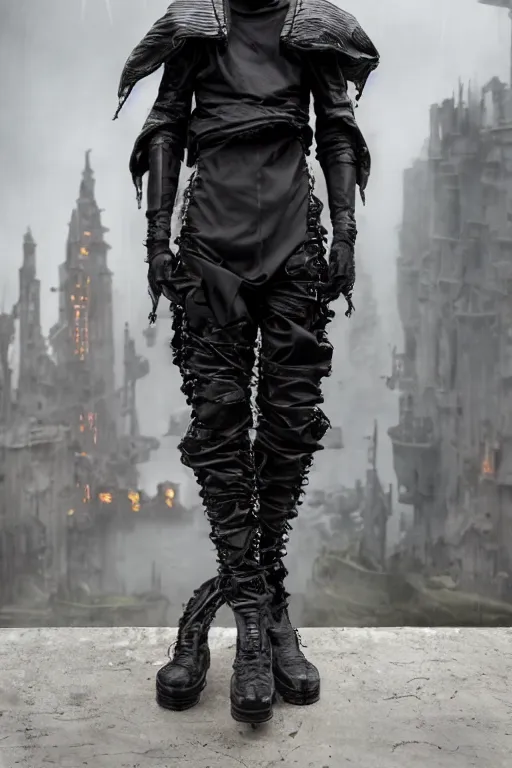 Image similar to avant garde techwear look and clothes, we can see them from feet to head, highly detailed and intricate, hypermaximalist, dystopian futuristic castle background, eerie fog, luxury, Rick Owens, Errolson Hugh, Yohji Yamamoto, cinematic outfit photo