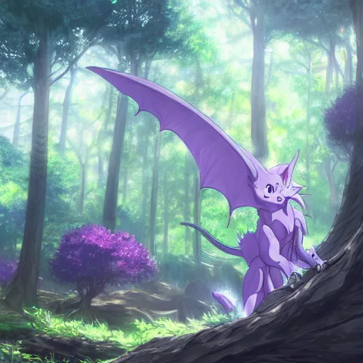 Image similar to concept art painting of a purple anime furry anthro dragon, in the deep forest, realistic, detailed, cel shaded, in the style of makoto shinkai and greg rutkowski and james gurney