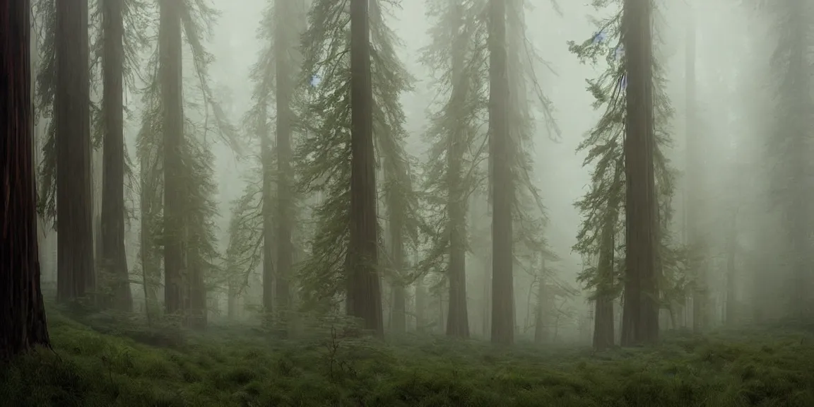 Image similar to Douglas Fir and Redwood forest in northern california, ground scattered with woodsorrel, horsetails, fairybells and other minor shrub plants, misty, foggy air. Trending on Artstation, deviantart, worth1000. By Greg Rutkowski. National Geographic and iNaturalist HD photographs