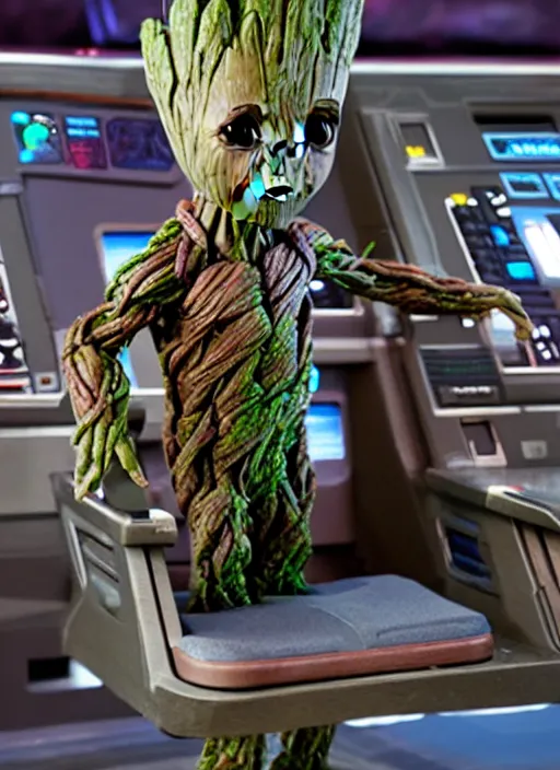 Prompt: baby groot sitting in the captains chair of the uss enterprise, photo realistic