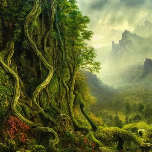 Image similar to a beautiful and highly detailed epic oil painting of a lush valley in the mountains, beautiful trees, tangled vines, ancient runes, intricate details, epic scale, insanely complex, 8 k, sharp focus, hyperrealism, fantasy landscape, psychedelic, by caspar friedrich and brian froud, albert bierstadt,