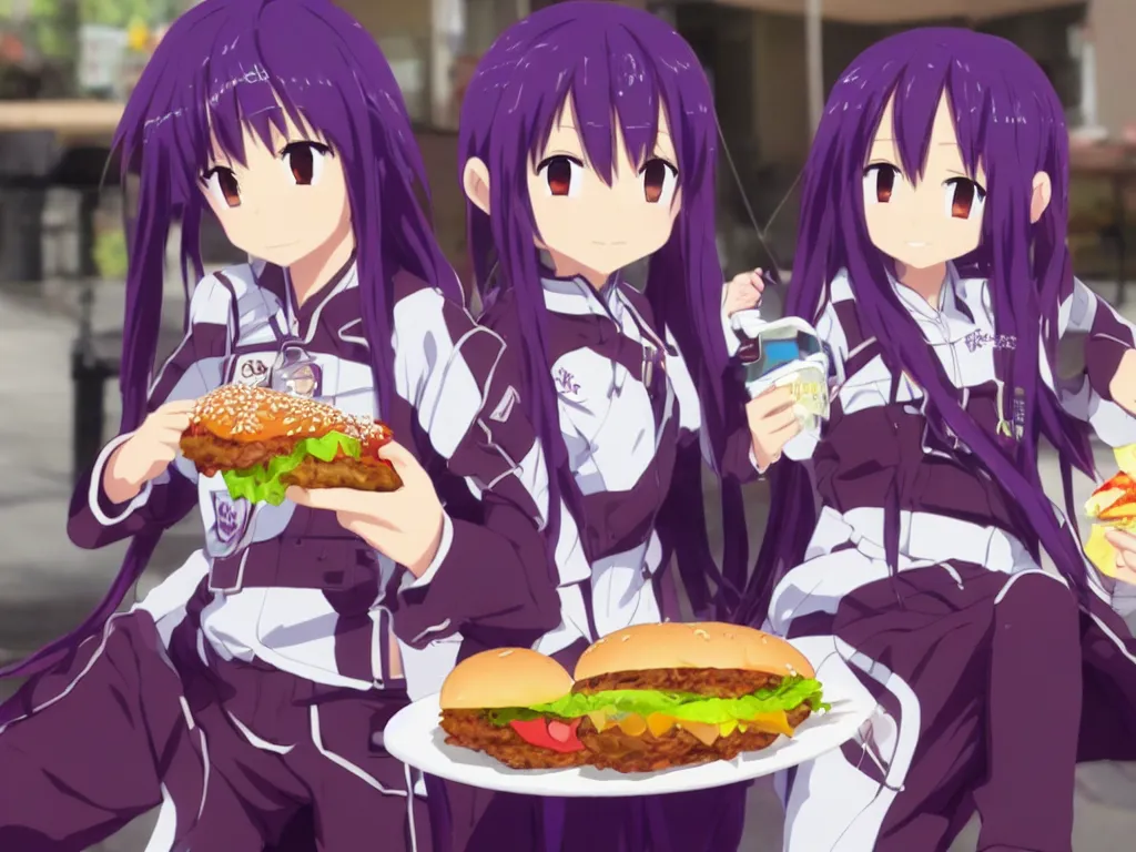 Image similar to yuuki konno from sword art online eating a big burger and being happy, purple hair, High Definition detail, 8K, anime