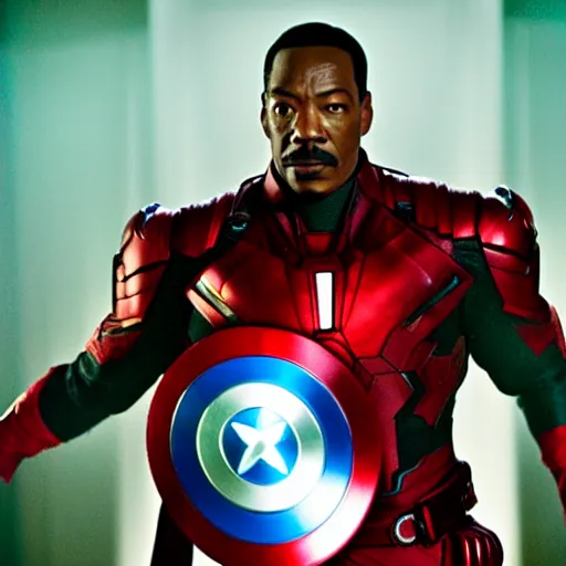 Image similar to a still of eddie murphy as an avenger, marvel superhero, cinematic lighting