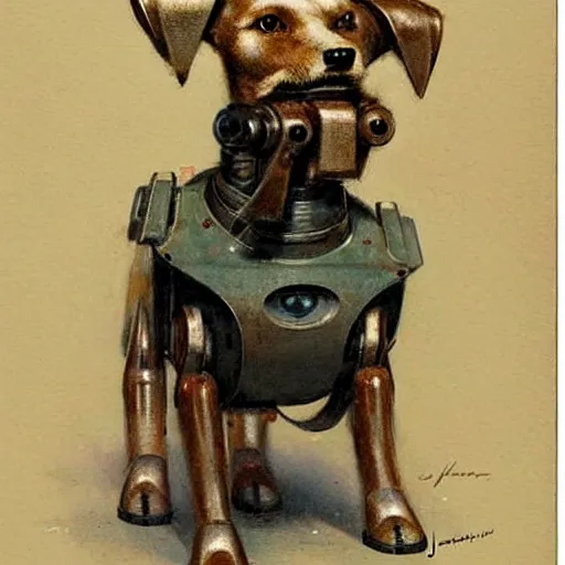 Prompt: (((((1950s robot box shaped k9 dog. muted colors.))))) by Jean-Baptiste Monge !!!!!!!!!!!!!!!!!!!!!!!!!!!