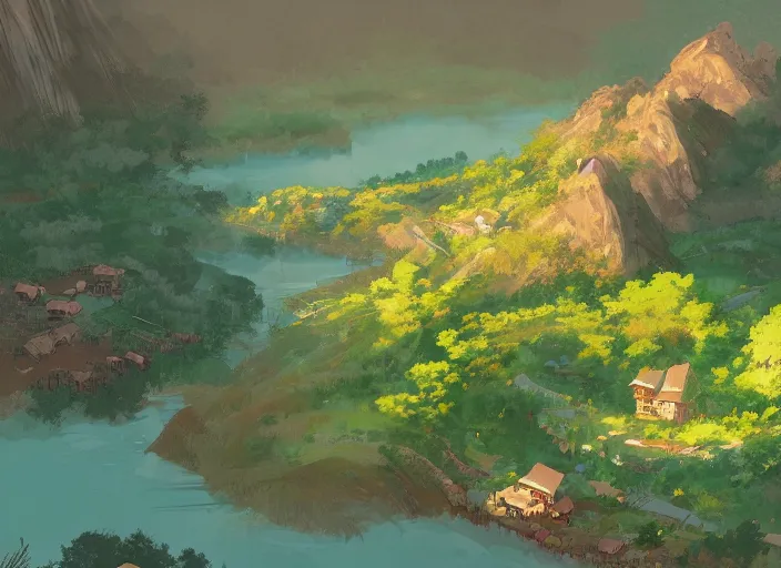 Image similar to concept art painting of a distant small woodland village by a river in a mountain valley seen from above, midnight, european japanese buildings, cel shaded, realistic, by makoto shinkai and moebius and anton fadeev and greg rutkowski and james gurney