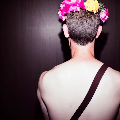 Image similar to close up kodak portra 4 0 0 photograph of a skinny guy standing in a vip club bathroom, back view, flower crown, moody lighting, telephoto, 9 0 s vibe, blurry background, vaporwave colors, faded!,