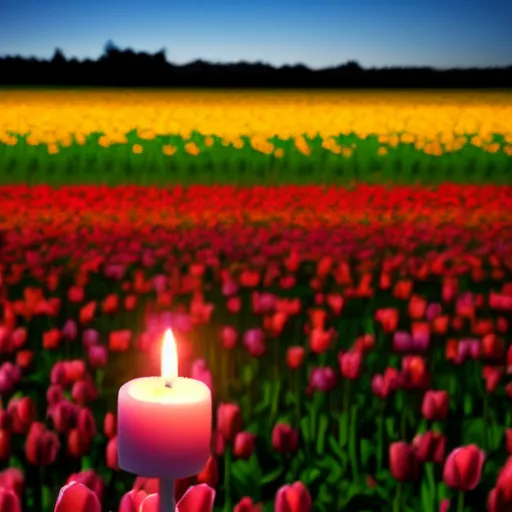 Prompt: lone candle at night in a field of tulips