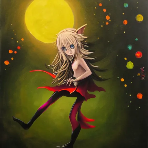 Image similar to oil painting of a long hair anime ELF dancing in the moonlight l Trending on Pixiv