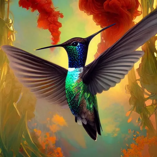 Prompt: a hummingbird made of colorful fire, art by artgerm and greg rutkowski and alphonse mucha, concept art, octane render, unreal engine 5, highly detailed, high quality, 8 k, soft lighting, realistic face, path traced