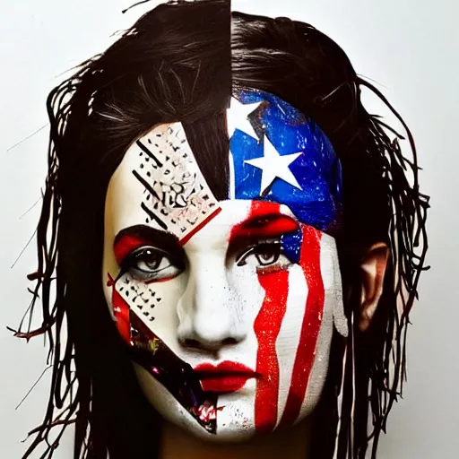 Image similar to a beautiful portrait sculpture designed by Sandra Chevrier, tribal head dress, American stars and stripes on face, by Annie Leibovitz