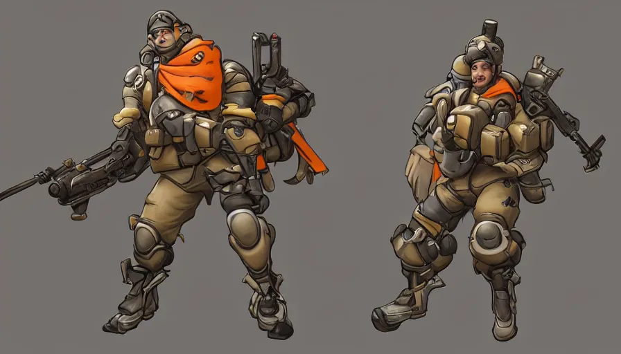 Prompt: Concept art for new overwatch character: The Sabotuer, French Special Ops, Short, Nimble, Spy, Uses Explosives, Planted Charge, C4 Explosive, Roguish, and Hand Grenades, Anti-tank Rifle, Dark Humor, Male, Rugged, Dagger, High-tech, Fast, Black and Orange