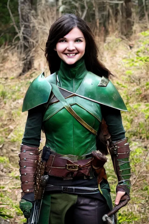 Image similar to fantasy character photo, live action. female ranger. danielle campbell. manic grin, yandere. tall, lanky, athletic, wiry. brown & dark forestgreen leather armor. small tilted lightgreen feathered cap worn at jaunty angle. black hair in ponytail. bright blue eyes.