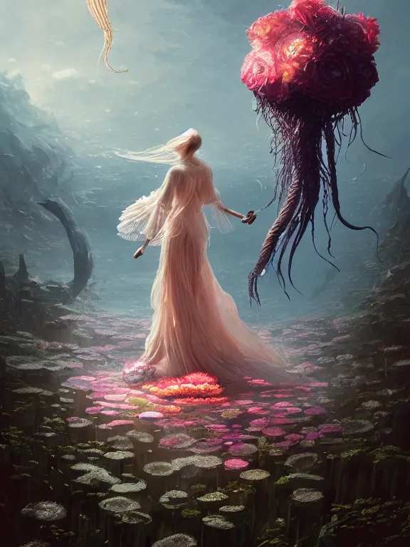 Image similar to a fancy portrait of a giant floating flower and jellyfish by Greg Rutkowski, Sung Choi, Mitchell Mohrhauser, Maciej Kuciara, Johnson Ting, Maxim Verehin, Peter Konig, Bloodborne, beeple, 8k photorealistic, cinematic lighting, HD, high details, atmospheric , trending on artstation. made in Maya, Blender and Photoshop, octane render, excellent composition, cinematic dystopian brutalist atmosphere, dynamic dramatic cinematic lighting, aesthetic, very inspirational, arthouse. y Greg Rutkowski, Ilya Kuvshinov, WLOP, Stanley Artgerm Lau, Ruan Jia and Fenghua Zhong