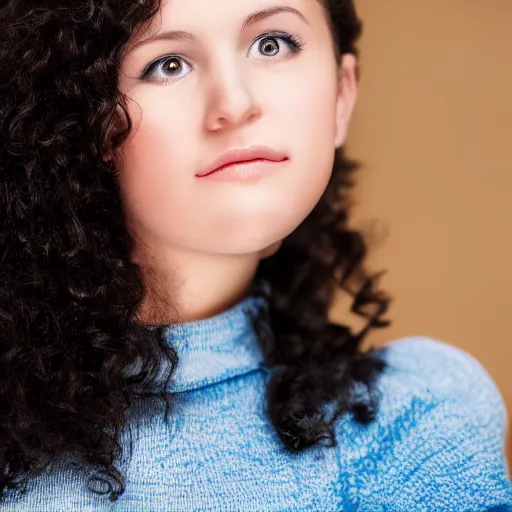 Image similar to portrait of a young lady with curly black hair with, round face, big brown eyes, volumetric lighting,