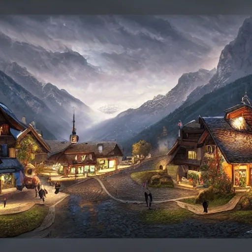 Image similar to Switzerland, high resolution fantasy concept art, realistic, intricate details, soft lighting