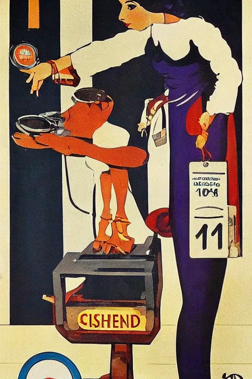 Image similar to a weighing machine with a businesswoman on the left plate and cash on the right plate. Italian Futurist poster art