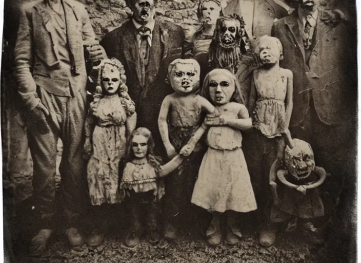 Prompt: vintage photograph monochrome plate, monstrous costomed family of ghastly people posing with grotesque lovecraftian god monsters, distressed old photo, deteriorating, grunge, antique, slight sepia tone, horror, madness