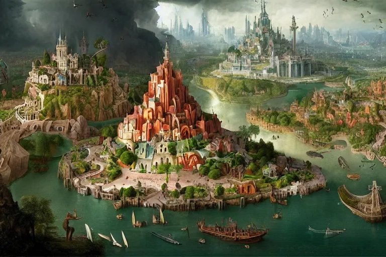 Image similar to a beautiful complex insanely detailed matte painting of a magical city on the river Styx by Heironymous Bosch and Bernardo Bellotto and Tyler Edlin and James Gurney