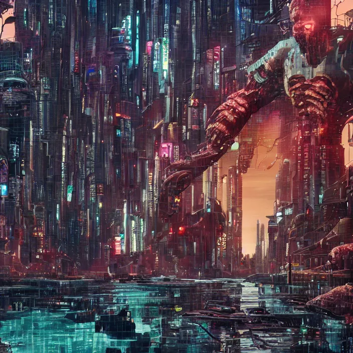 Image similar to the giant flesh golem destroying cyberpunk city underwater