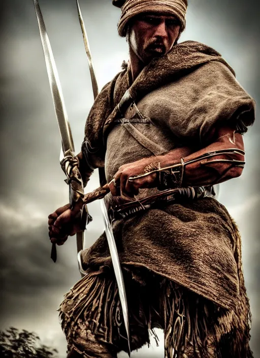 Image similar to photo of medieval tribal warrior ultra realistic, cinematic, full shot,