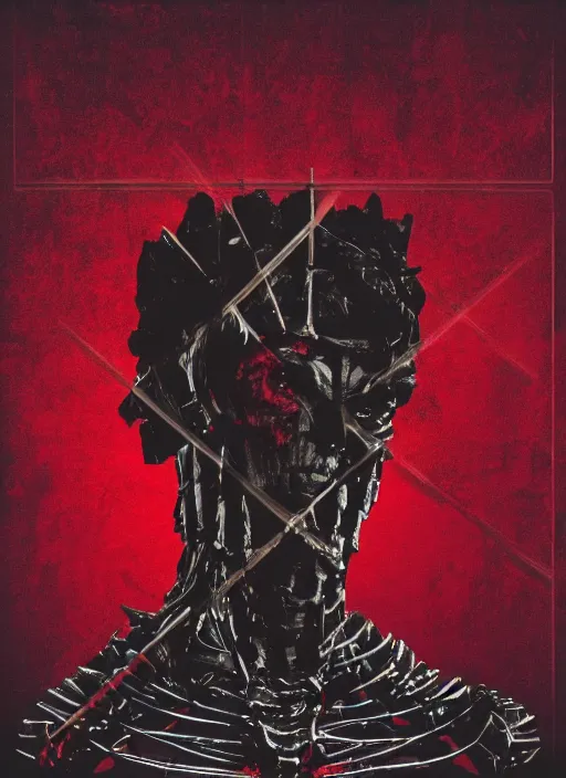 Image similar to dark design poster showing a statue of julius caesar, skeleton, black background with very subtle red and purple design elements, powerful, nekro, vito acconci, thin straight lines, dark, glitch art, neo vaporwave, gritty, layout frame, square, trending on artstation