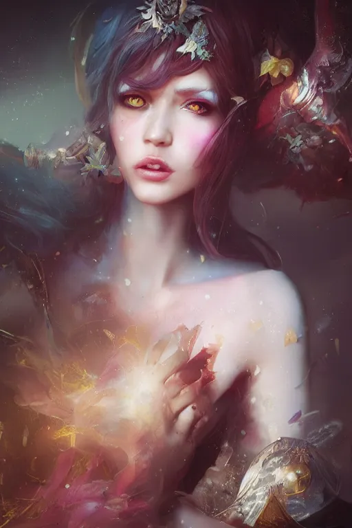 Image similar to face closeup beautiful girl fairy wearing velvet dress, 3 d render, holding electricity, hyper realistic detailed portrait, ruan jia, wlop, fantasy, hyper detailed, octane render, concept art, peter mohrbacher