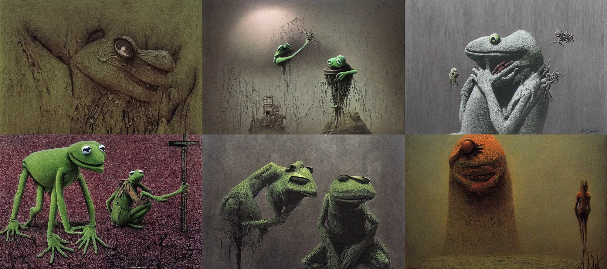 Prompt: Kermit the frog megalophobia by beksinski