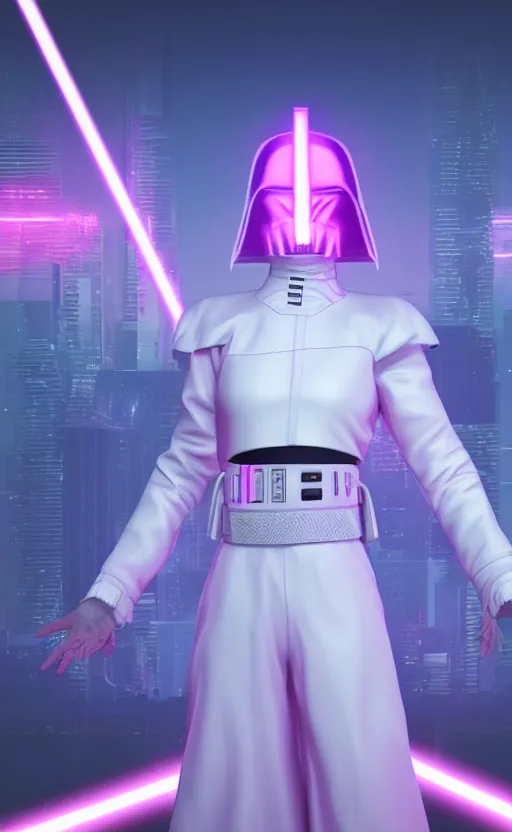 Prompt: white darth vader dancing synth wave retro wave vapor wave white and pink lighting and clothes and tech cyberpunk style ultra realistic high quality highly detailed 8 k