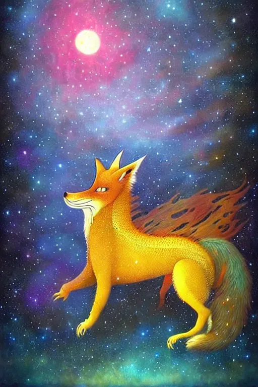 Image similar to surreal hybrid dragon and fox, Dream, magic realism, flowerpunk, mysterious, a midnight sky of nebula and starry space, vivid colors, by andy kehoe, amanda clarke