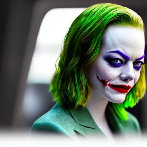 Image similar to awe inspiring image of Emma Stone playing The Joker looking beautiful 8k hdr