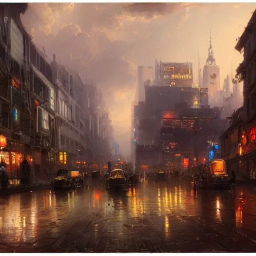 Image similar to detailed painting of a cyberpunk street in 1 9 4 0, exterior, floral ornaments, volumetrics lights, beam of bright lights through the clouds, andreas achenbach