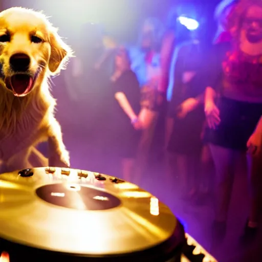 Image similar to a photograph of a DJ golden retriever dog, playing at a nightclub