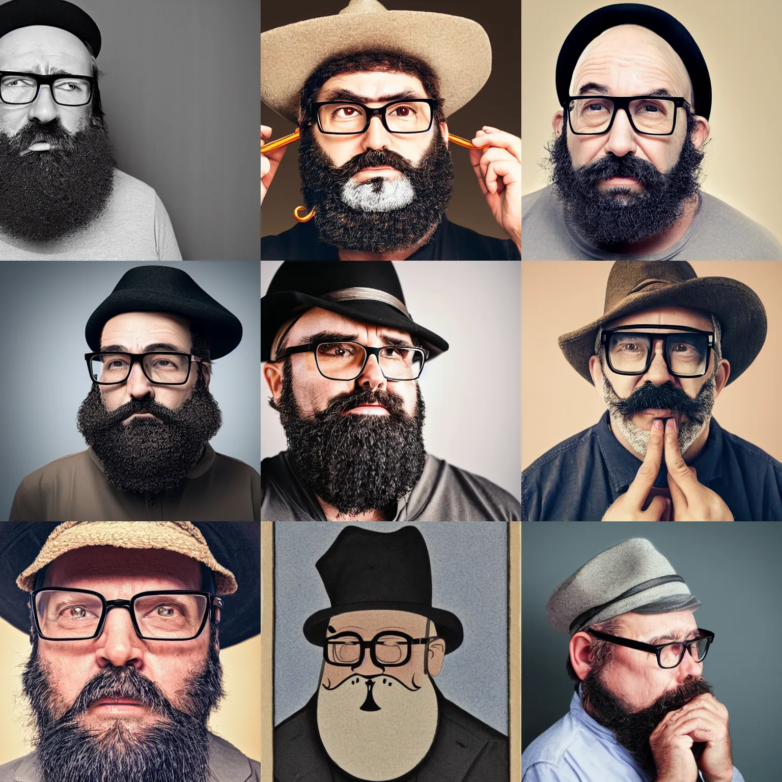 Prompt: middle aged man with hook nose, sad, black beard, glasses, and hat
