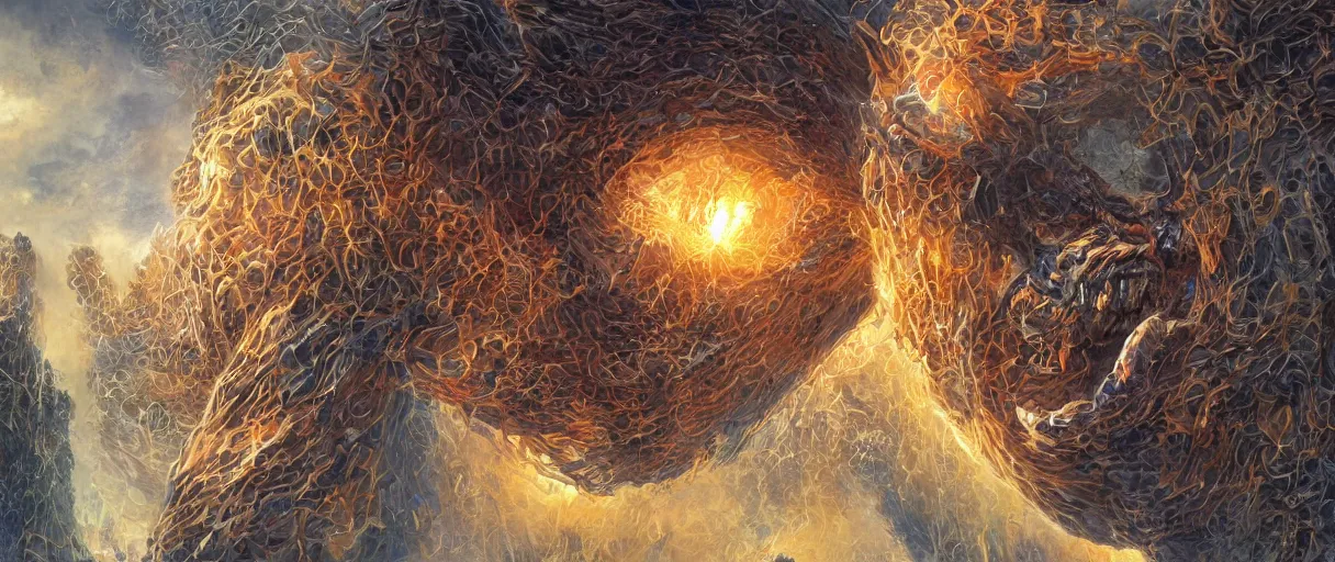 Image similar to A terrifying giant monster made of honey, beautiful atmosphere, god rays, masterpiece digital painting by Alex Grey, Greg Rutkowski, 4k wallpaper