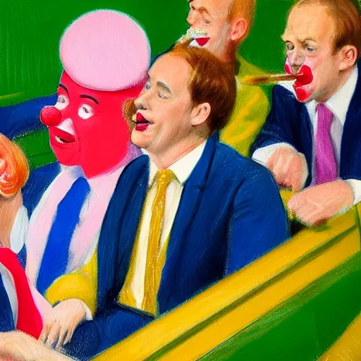 Image similar to a highly detailed beautiful portrait close up hyper realistic photograph of british members of parliament in the house of commons wearing pastel coloured clown costumes with pleasant oversized joyful faces, they are smoking. without visible brushstrokes but in the style of edward hopper, richard hamilton. concept art. green leather benches. photographic. concept. crisp. no artefacts. desaturated. high fidelity facial portrait. 8 k