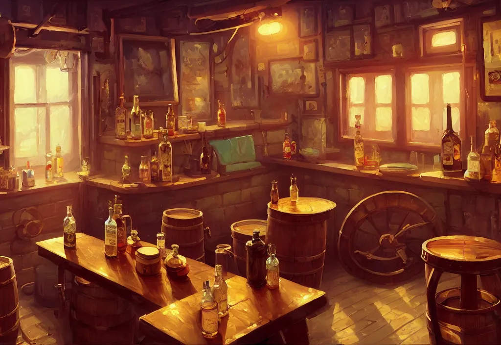 Image similar to small saloon interior with barrels tables and bottles, intricate oil painting, high detail illustration, sharp high detail, manga and anime 1 9 9 9, official fanart behance hd artstation by jesper ejsing and makoto shinkai, 4 k,