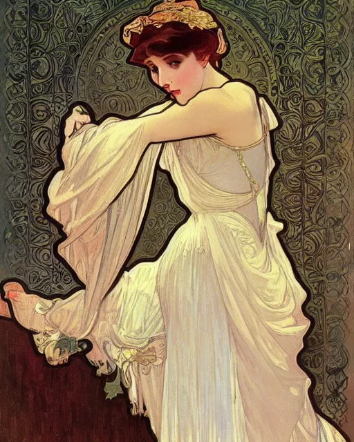 Prompt: painting by alphonse mucha, theater scene with a singer in a white dress, pastel color palette