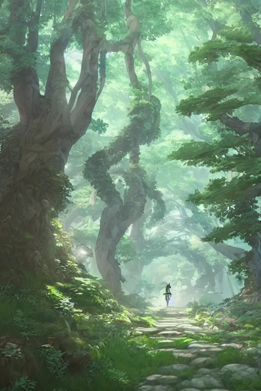 Image similar to a forest path, beautiful ancient trees, hiding large treasure chest, serene evening atmosphere, soft lens, soft light, cel - shading, animation, in the style of cgsociety, deviantart, artstation, zbrush, cinema 4 d, studio ghibli, akihiko yoshida, atelier lulua, masamune shirow