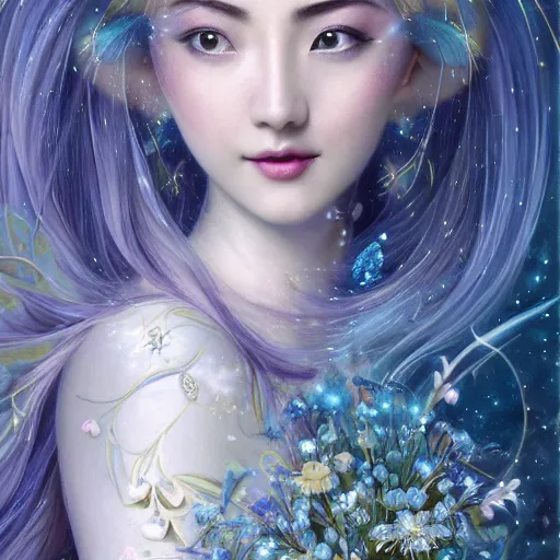 Image similar to Ethereal goddess of the moon, beautiful blue silver hair woman like Dilraba Dilmurat, california girl, wearing a flowing dress, lots of flowers, symmetrical face, art nouveau, portrait, cute, playful, fairy, harper's bazaar, pearlescent, sacred geometry, detailed background, featured on artstation, by Daniel Gerhartz, by ross tran, bright pastel colors, face by artgerm, by Kelly McKernan, by Charlie Bowater, by Laura rubin, 8k