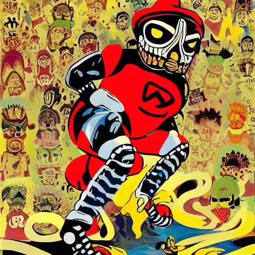 Prompt: a luchador posing on a turnbuckle, Mexican wrestler, digital painting, masterpiece, work of art, intricate detail, meticulous brush strokes, WW2 aesthetic, 1970s, funky, gorgeous, beautiful, stunning, funny, strange, by Frank Miller, by Hayao Miyazaki, by Takashi Murakami, by Frank Frazetta, by Junji Ito, by Rembrandt, by Walt Disney