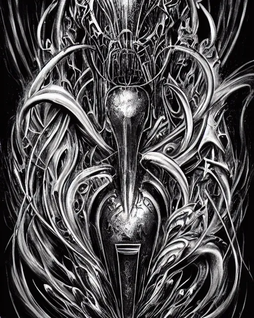 Image similar to black metal logo for ferrari, by antonio j. manzanedo, giger, alex grey, android jones, wayne barlowe, philippe druillet, raymond swanland, cyril rolando, josephine wall, harumi hironaka, trending on artstation