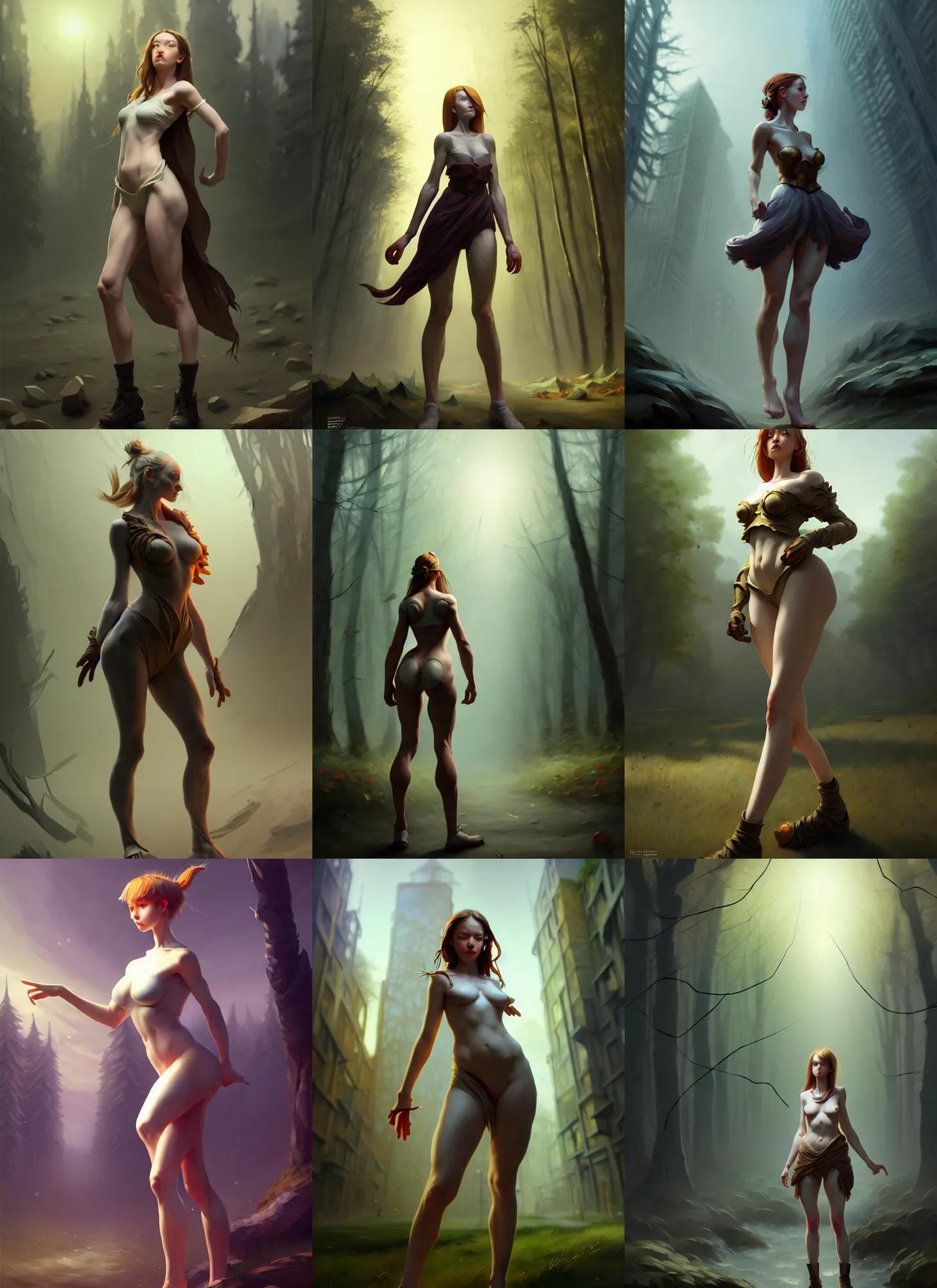 Prompt: artist reference pictures pose, anatomy skills,sophisticated composition, old masters light composition, procedurally generated, epic anthropomorphic spirit girl character posing for concept art, forest city streets behind her, costume design from videocard designers, substance designer, PBR, HD, Ultra detailed, hyperrealistic, megascans, volumetric light, concept by master artist, made in paint tool SAI2, trending pixiv face