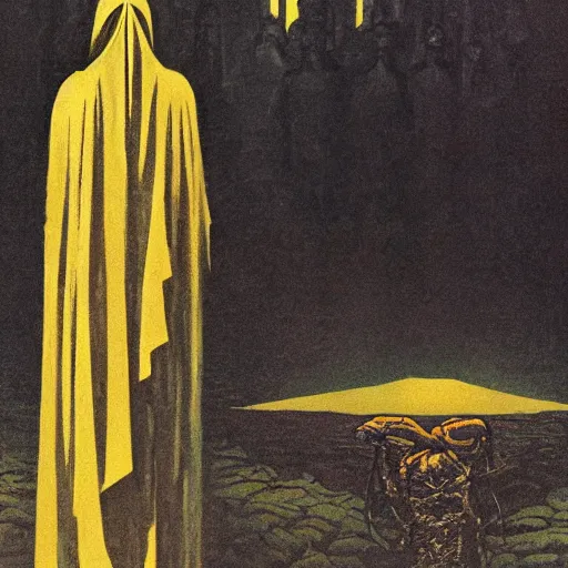 Image similar to A beautiful art installation of a small figure standing in the center of a dark, foreboding landscape. The figure is surrounded by strange, monstrous creatures, and there is a feeling of unease and dread. 1960s by Al Feldstein, by Frederick Lord Leighton spontaneous, muted