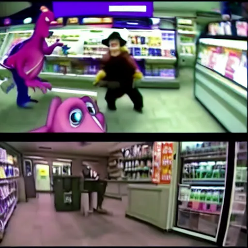 Image similar to security cam footage of barney the dinosaur robbing a convenience store